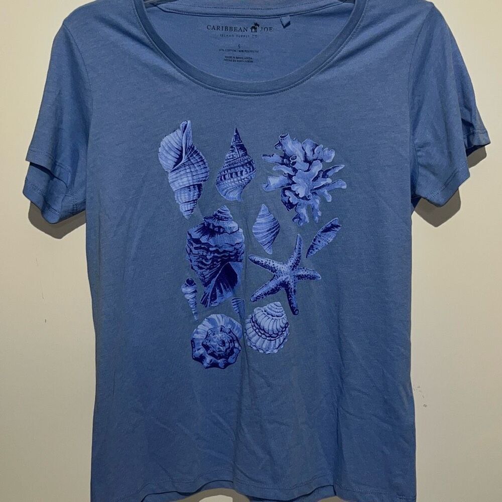 Caribbean Joe Women's Blue Seashell Cotton Blend Short Sleeve‎ T-Shirt Small